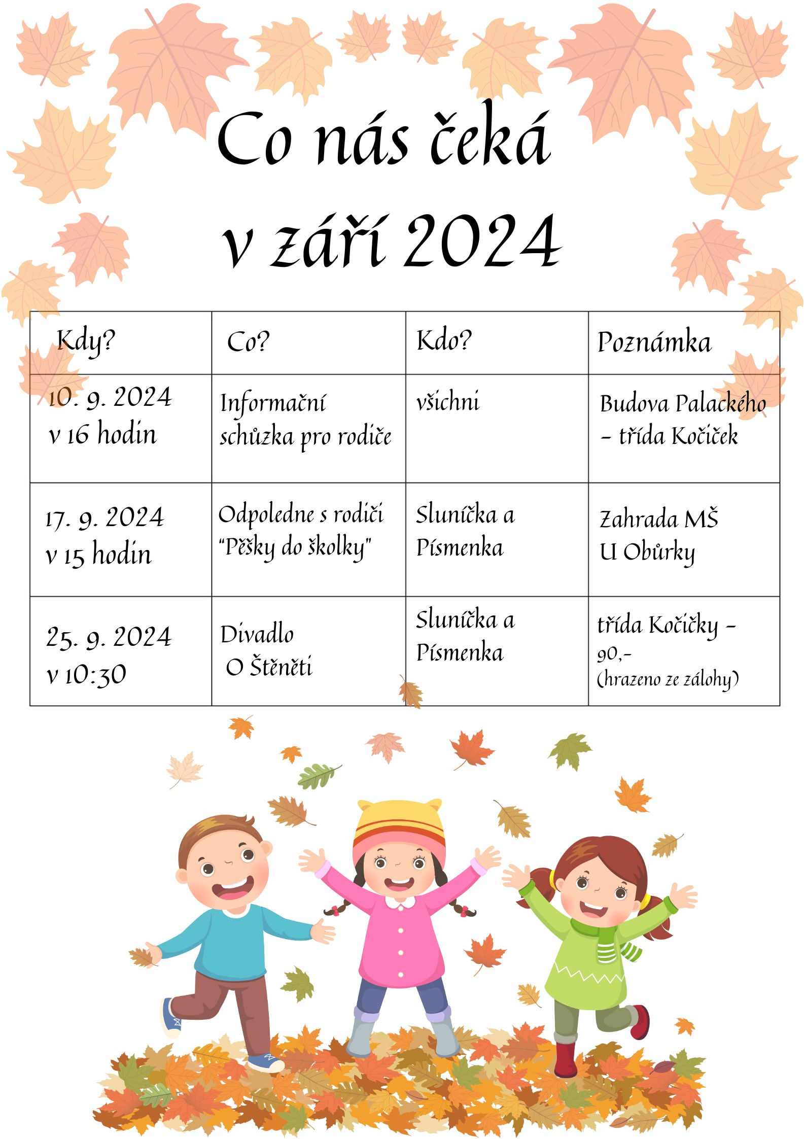 Plánované akce na září 2024 třída Sluníček